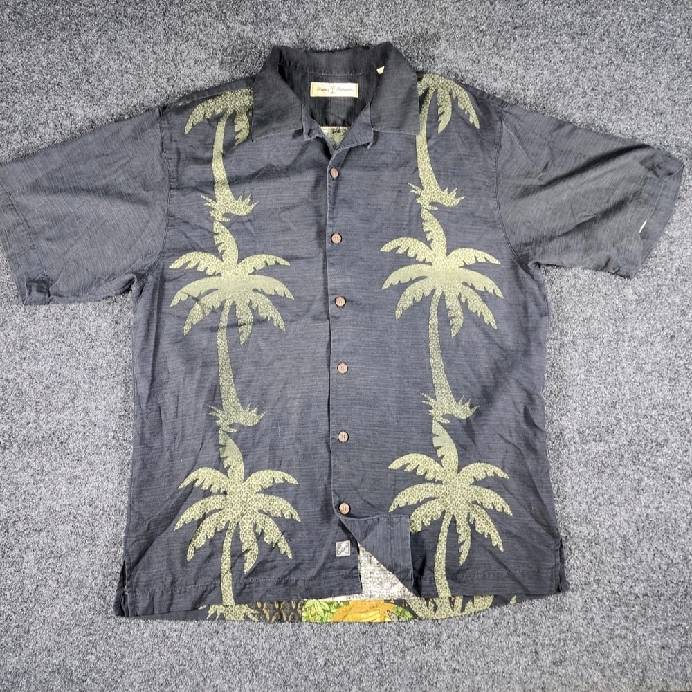Tommy Bahama Black‎ Hawaiian Shirt Mens Medium Silk Hula Girls Palm Trees